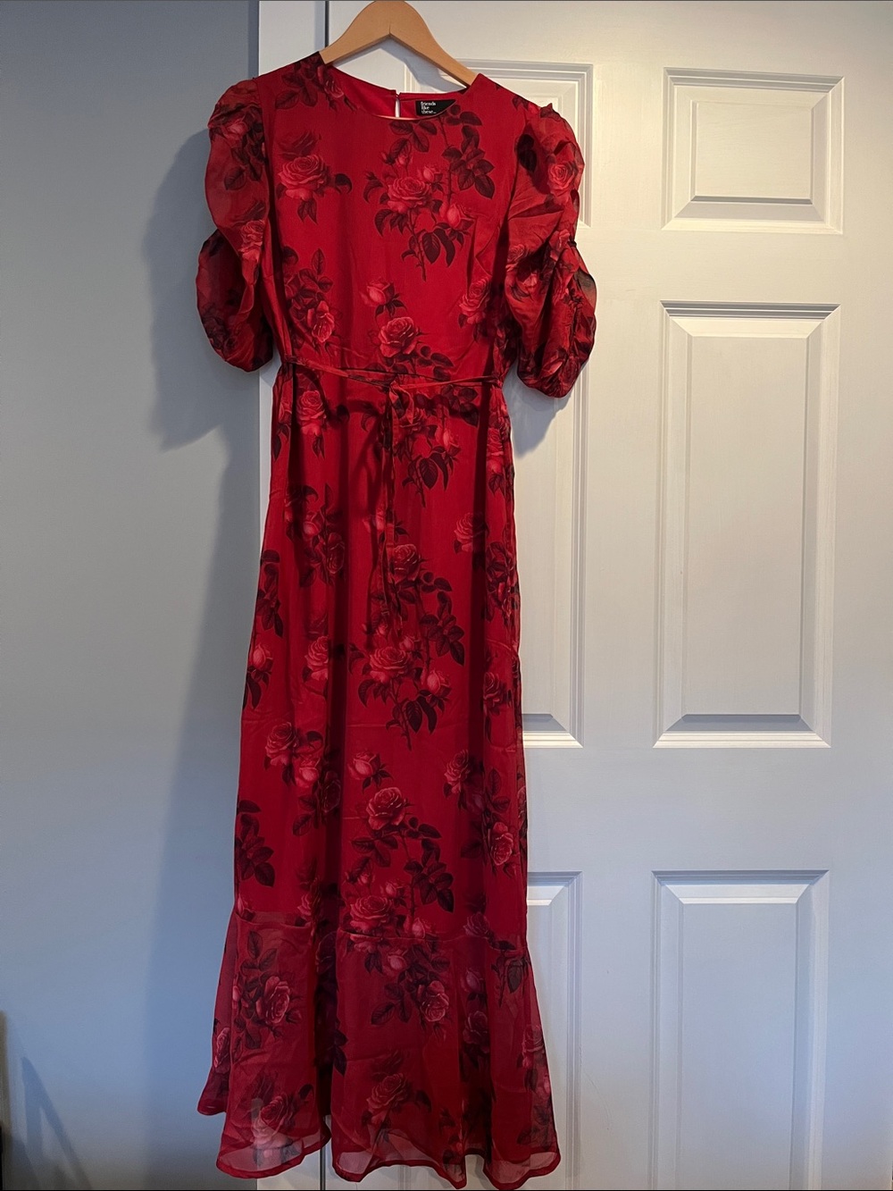 “Next” Red Floral ruched Puff-Sleeve Maxi Dress with Tie Waist